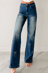 Soft & Sweet High Rise Straight Leg Bow Jeans (Med Wash)