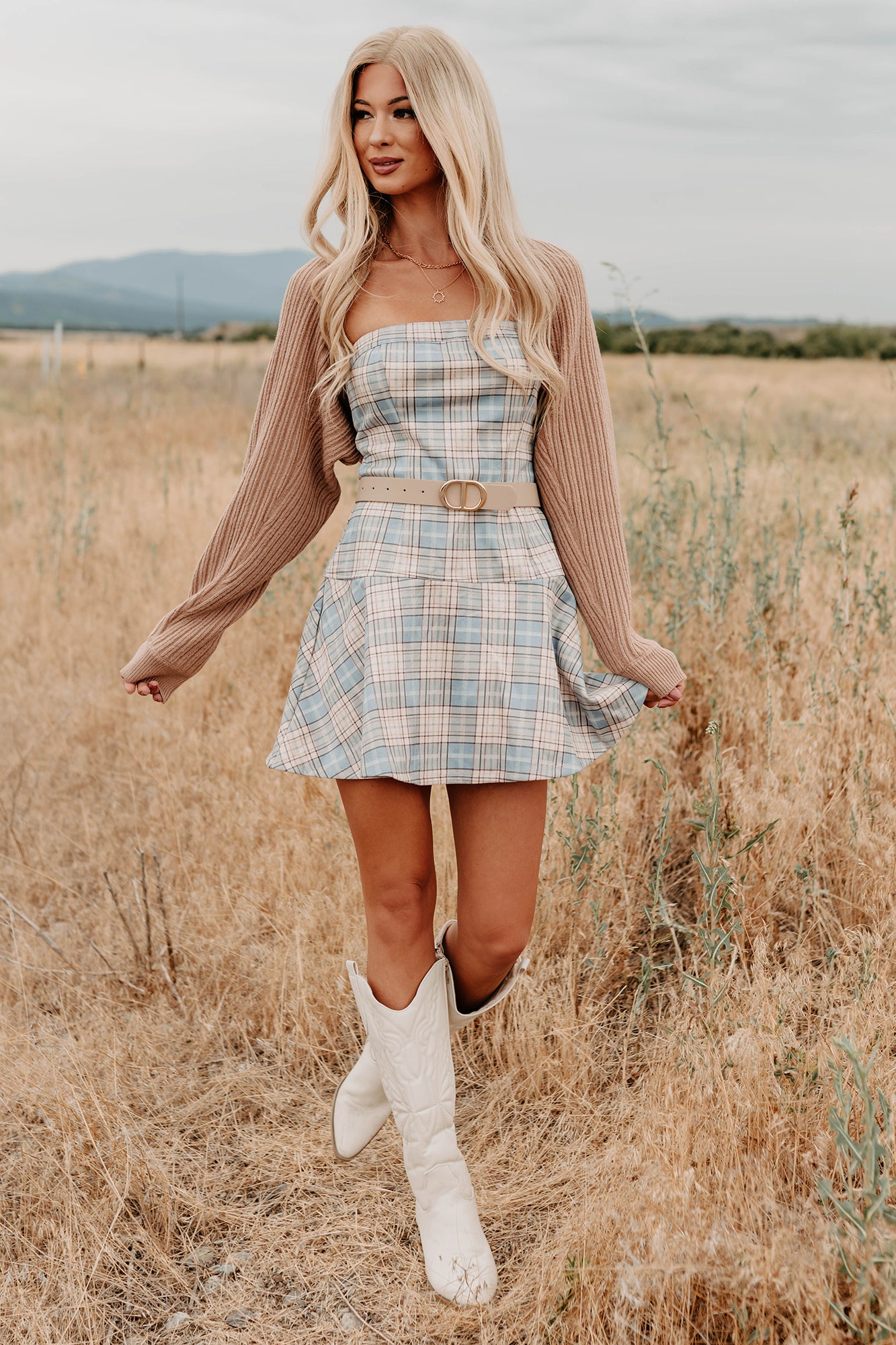 Hold Me Here Strapless Plaid Mini Dress (Light Blue)