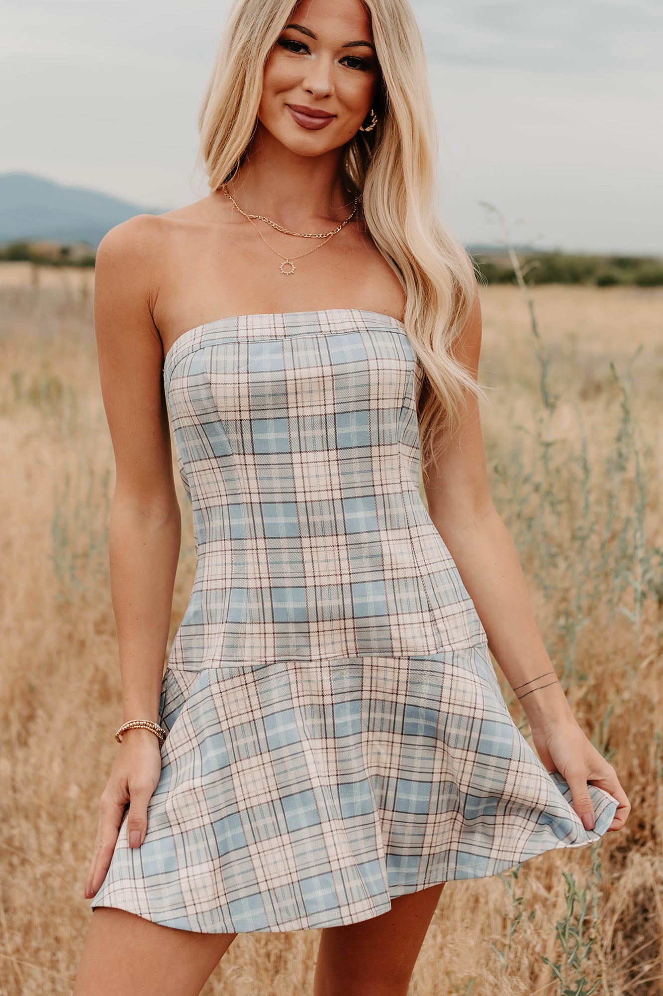 Hold Me Here Strapless Plaid Mini Dress (Light Blue)