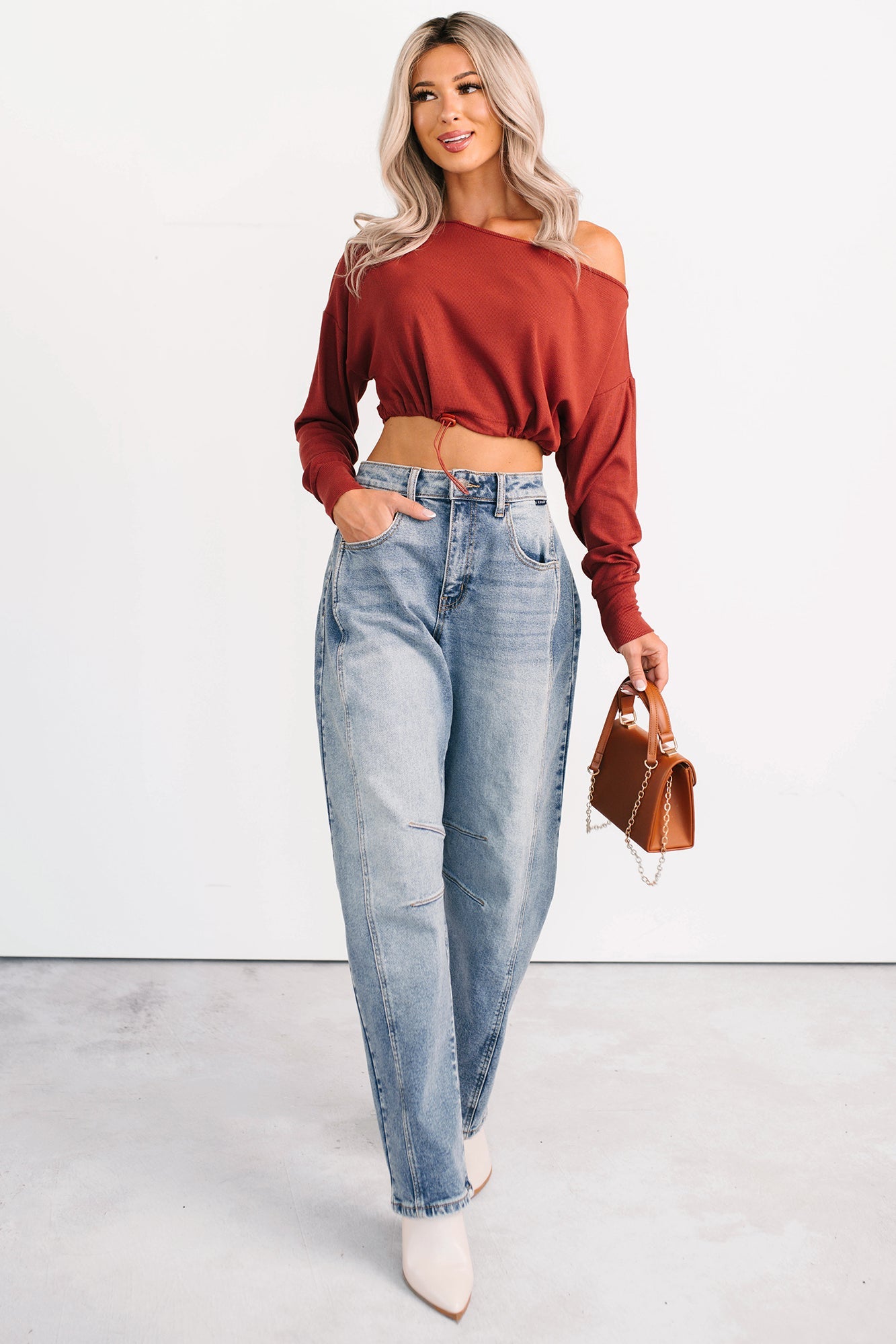 Glow Up Goals Ribbed Off The Shoulder Crop Top (Brick Red)