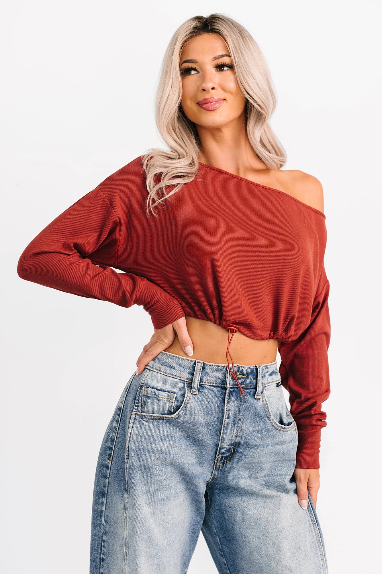 Glow Up Goals Ribbed Off The Shoulder Crop Top (Brick Red)