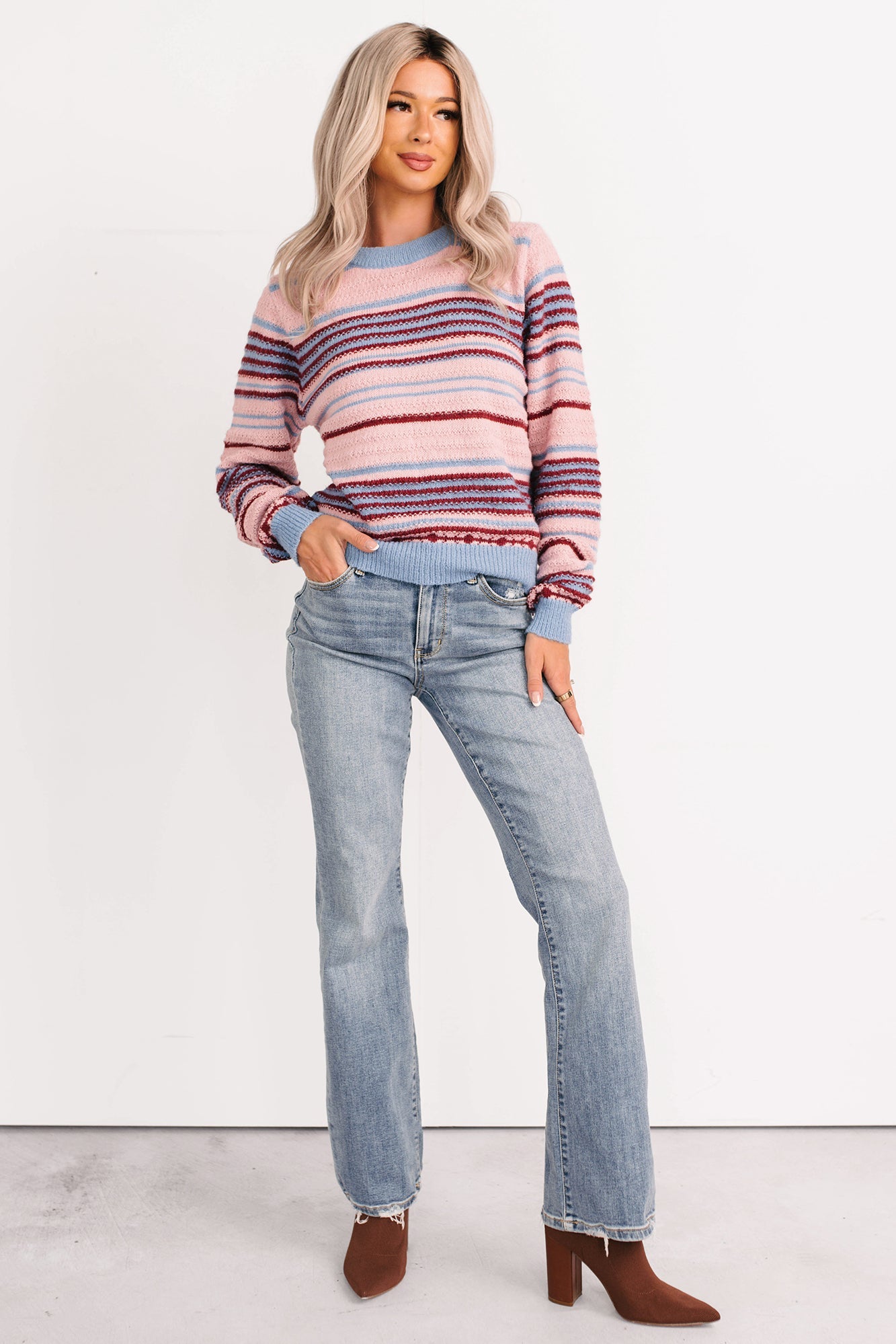 Pure Sunshine Striped Knit Sweater (Pink/Blue/Wine)