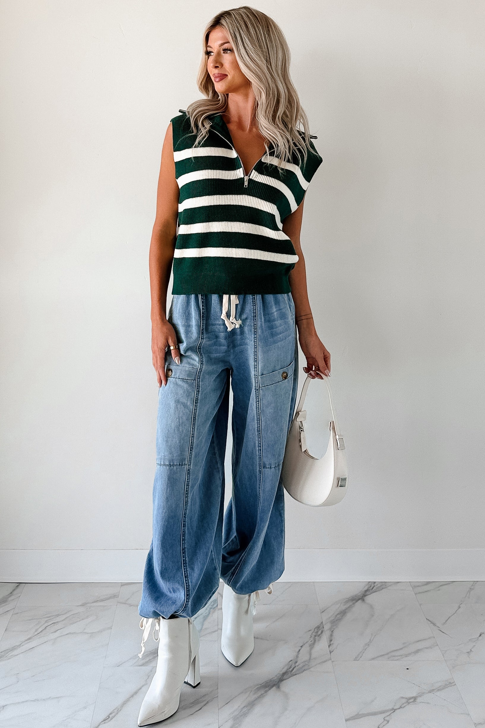 Daily Joys Striped Half-Zip Sweater Vest (Green/Cream)