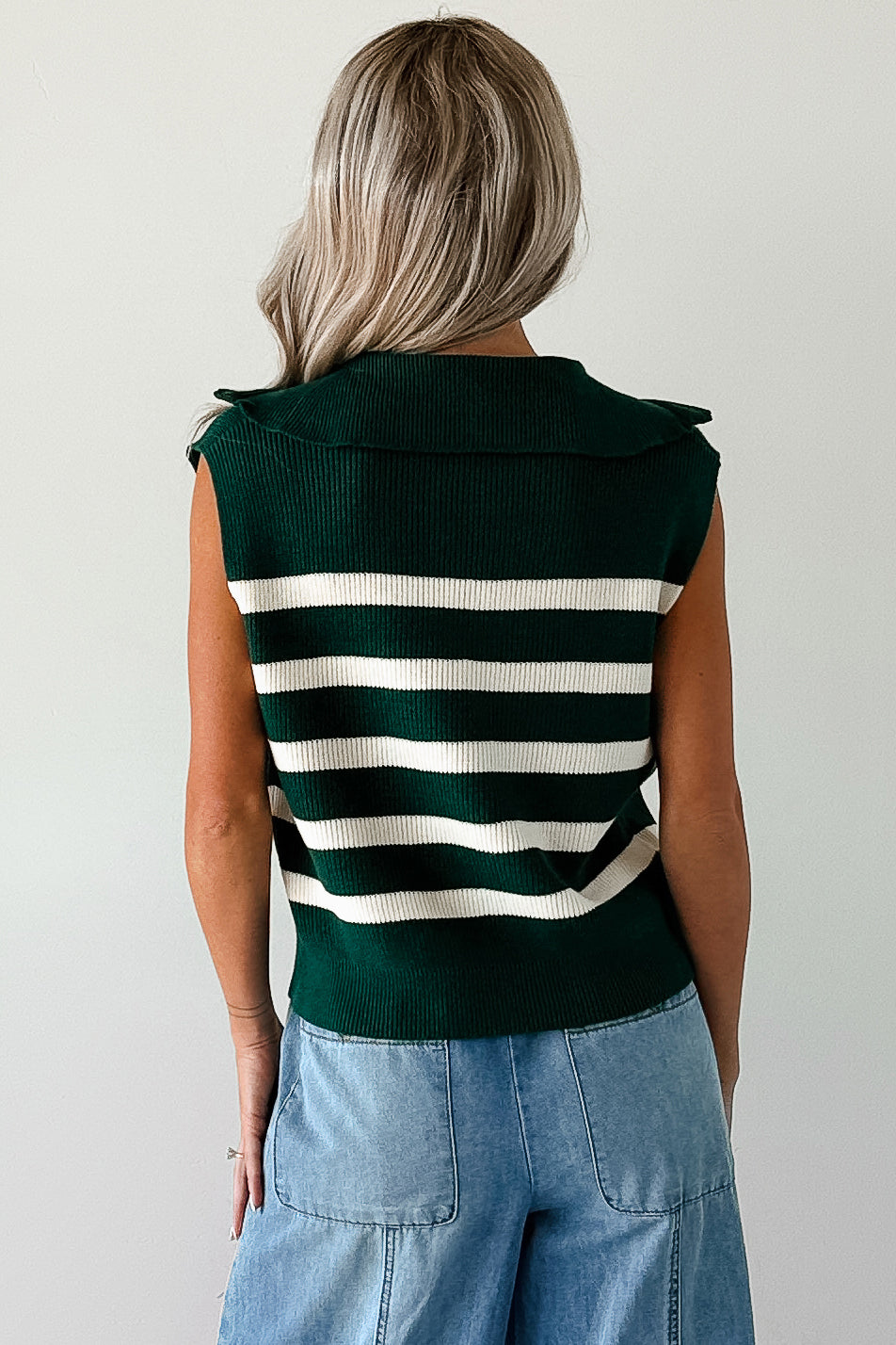 Daily Joys Striped Half-Zip Sweater Vest (Green/Cream)