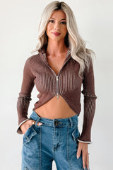 Dreamboat Babe Ribbed Zip-Up Top (Brown)