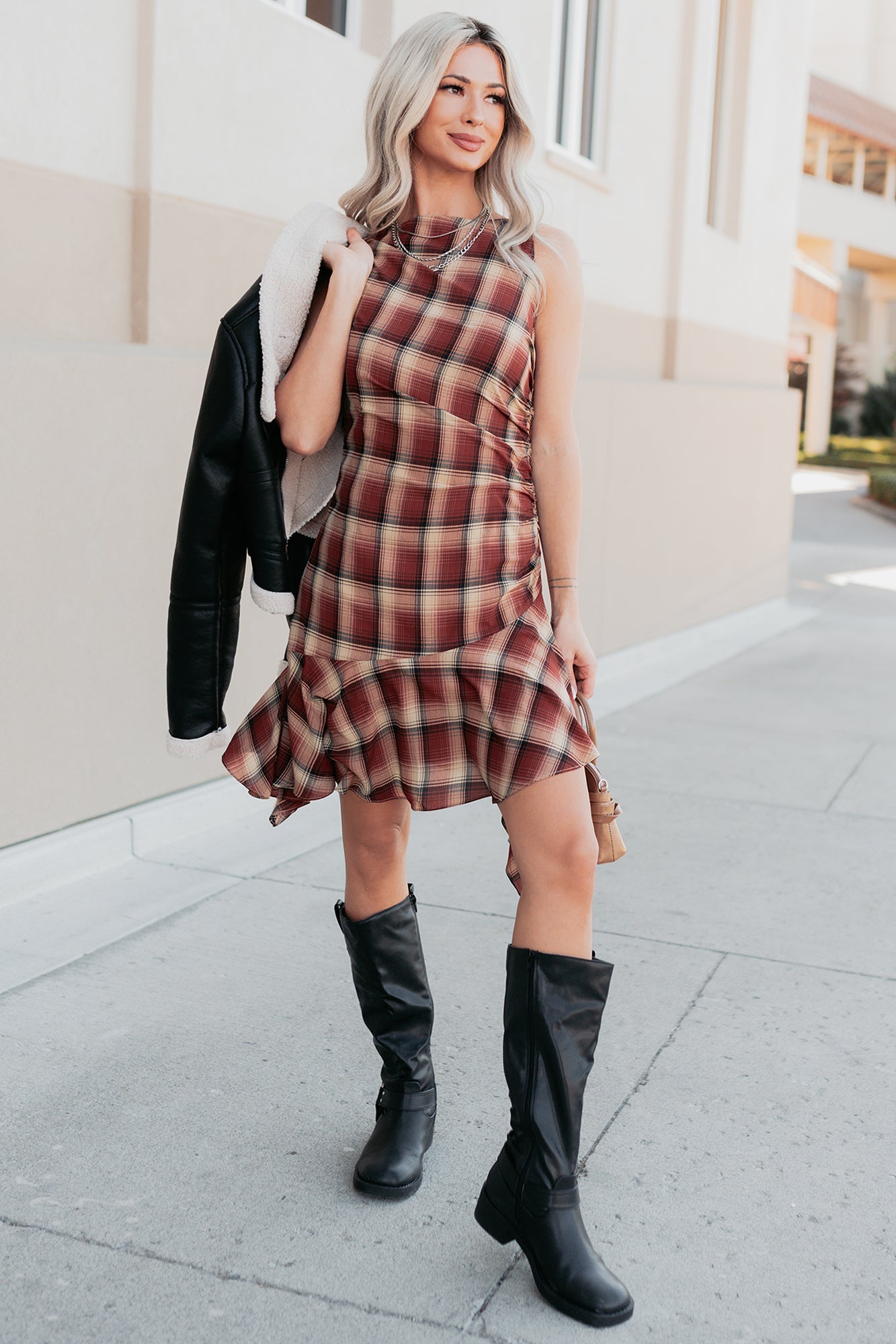 Purely Hers Sleeveless Plaid Mini Dress (Rust Plaid)