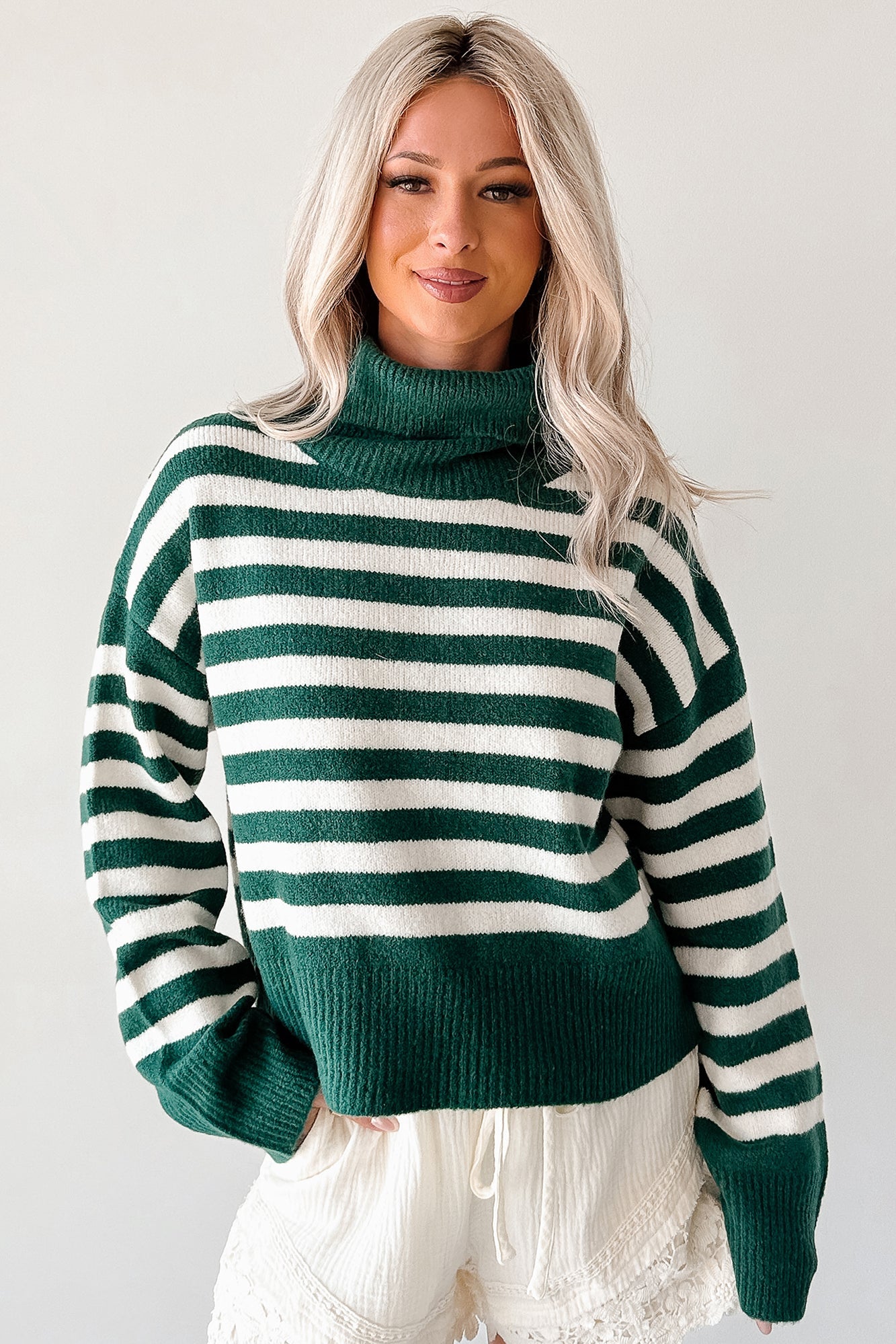 Don't You Worry Striped Turtleneck Sweater (Green/Ivory)