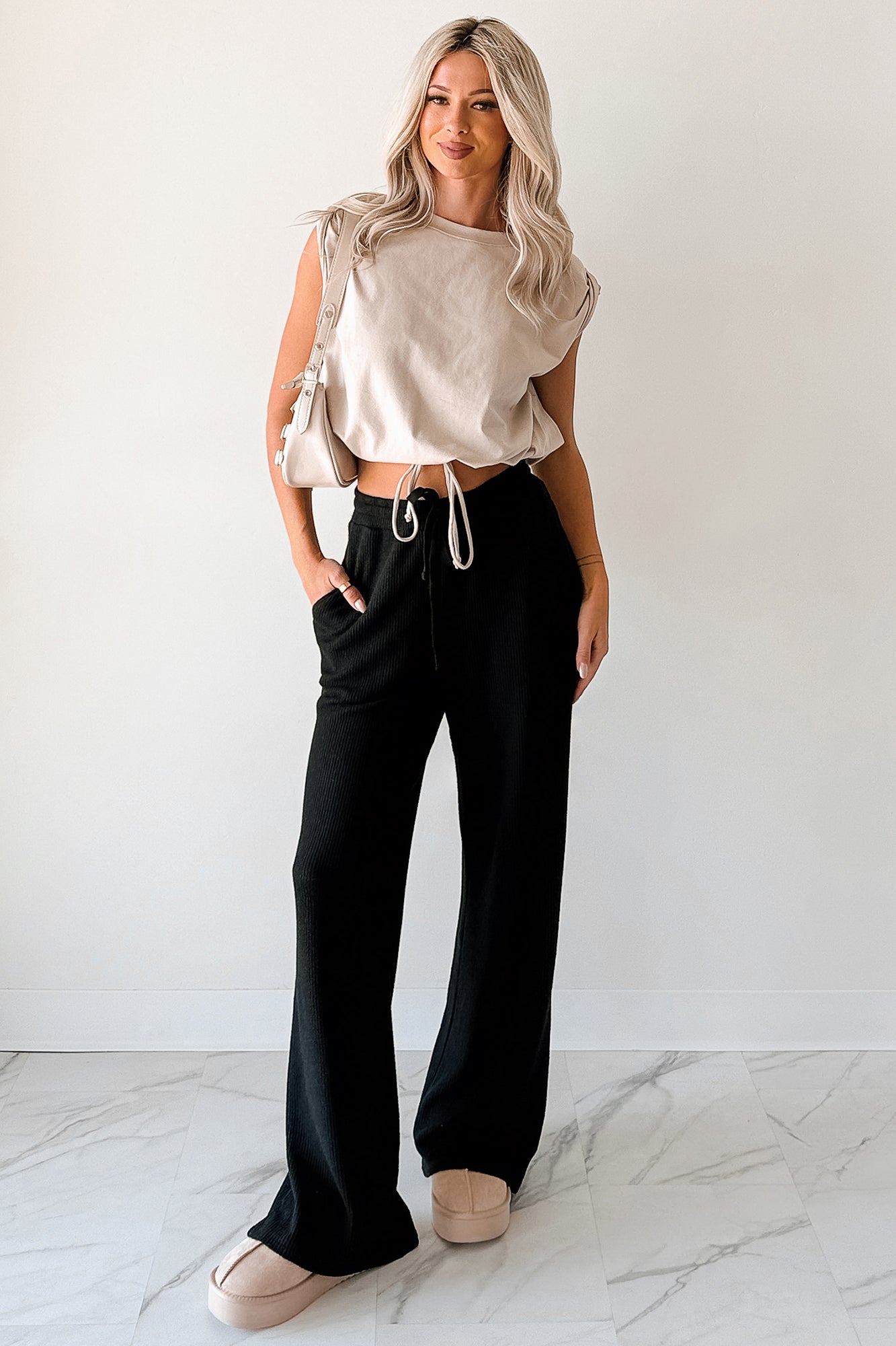 Beyond Horizons Waffle Knit Wide Leg Pants (Black)