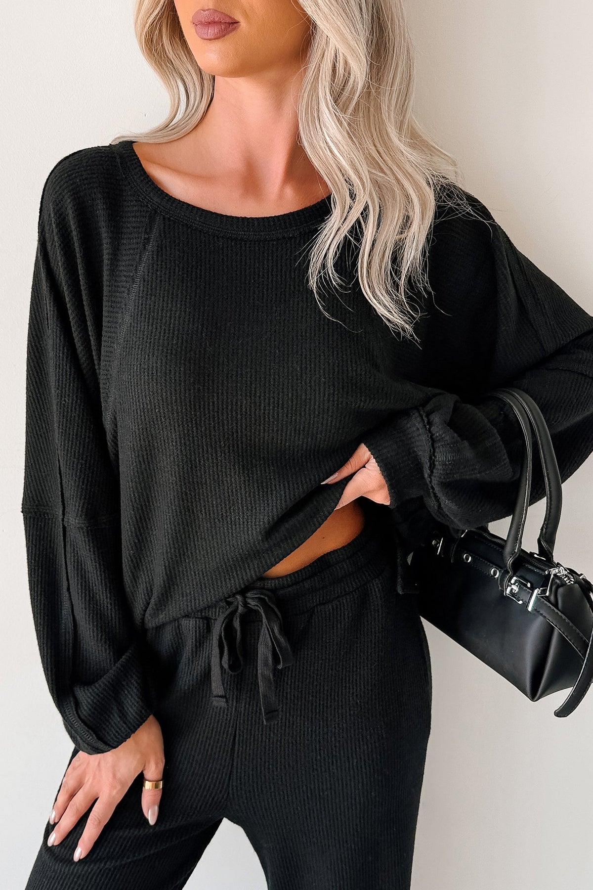 Still Breathing Waffle Knit Long Sleeve Top (Black)
