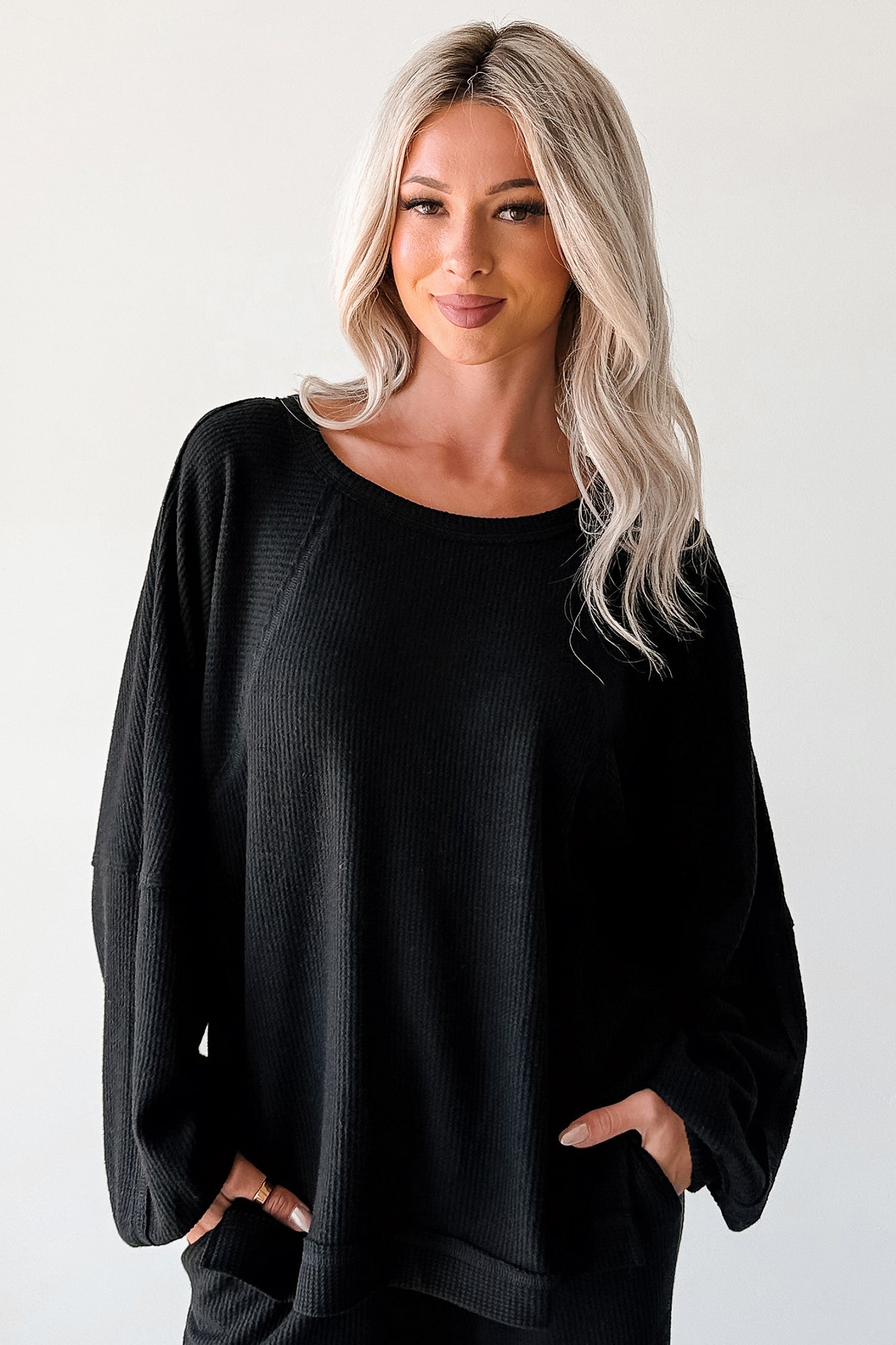 Still Breathing Waffle Knit Long Sleeve Top (Black)