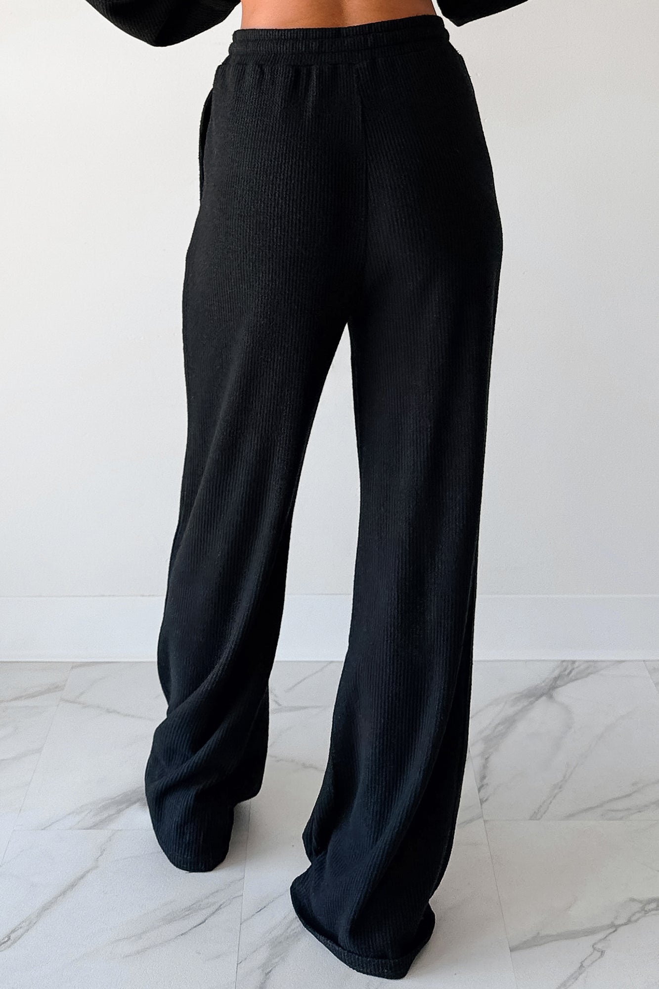 Beyond Horizons Waffle Knit Wide Leg Pants (Black)