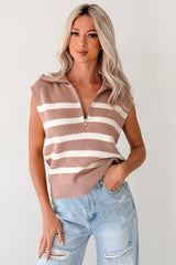 Daily Joys Striped Half-Zip Sweater Vest (Taupe/Cream)