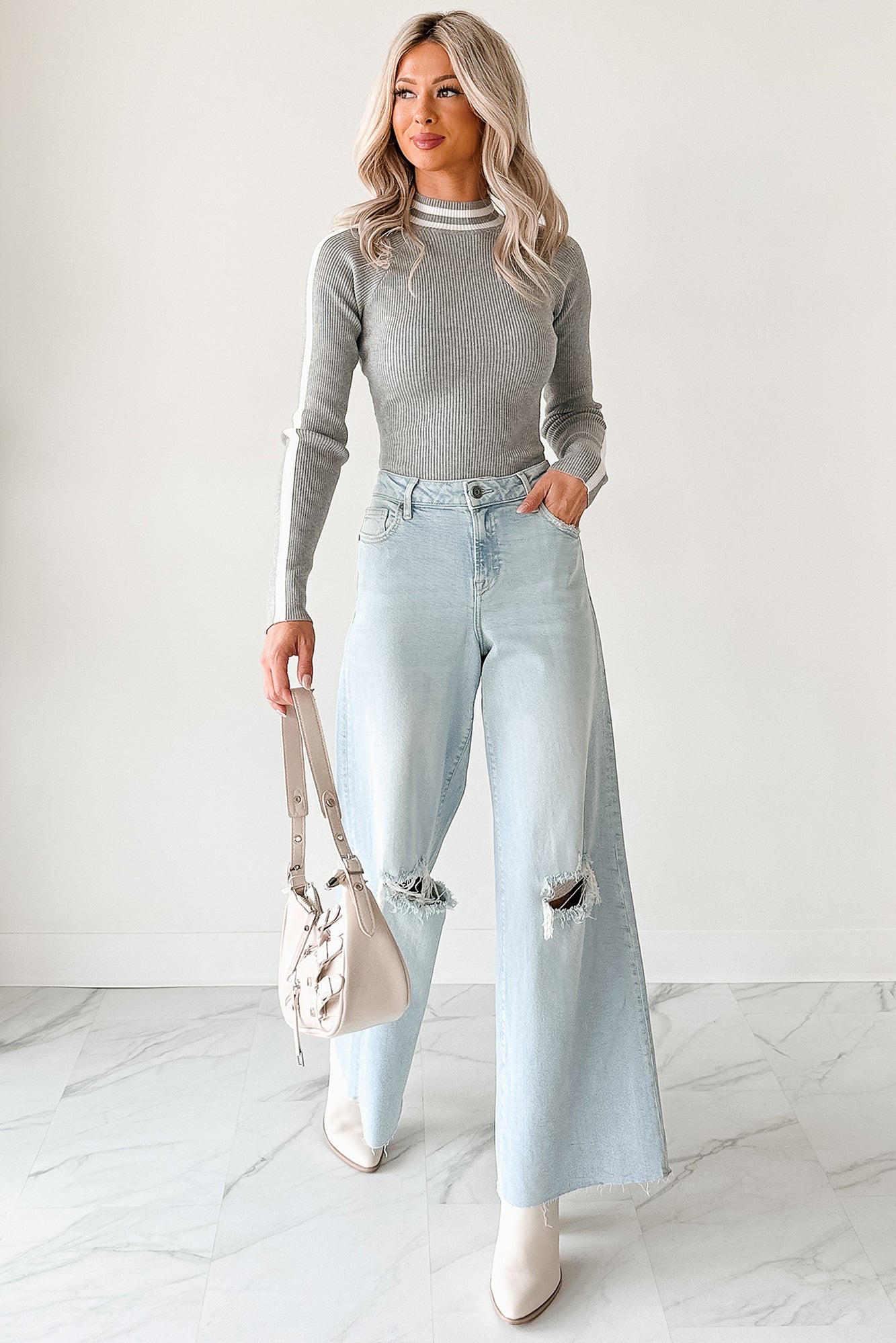 It Just Clicks Striped Mock Neck Bodysuit (H.Grey/White)
