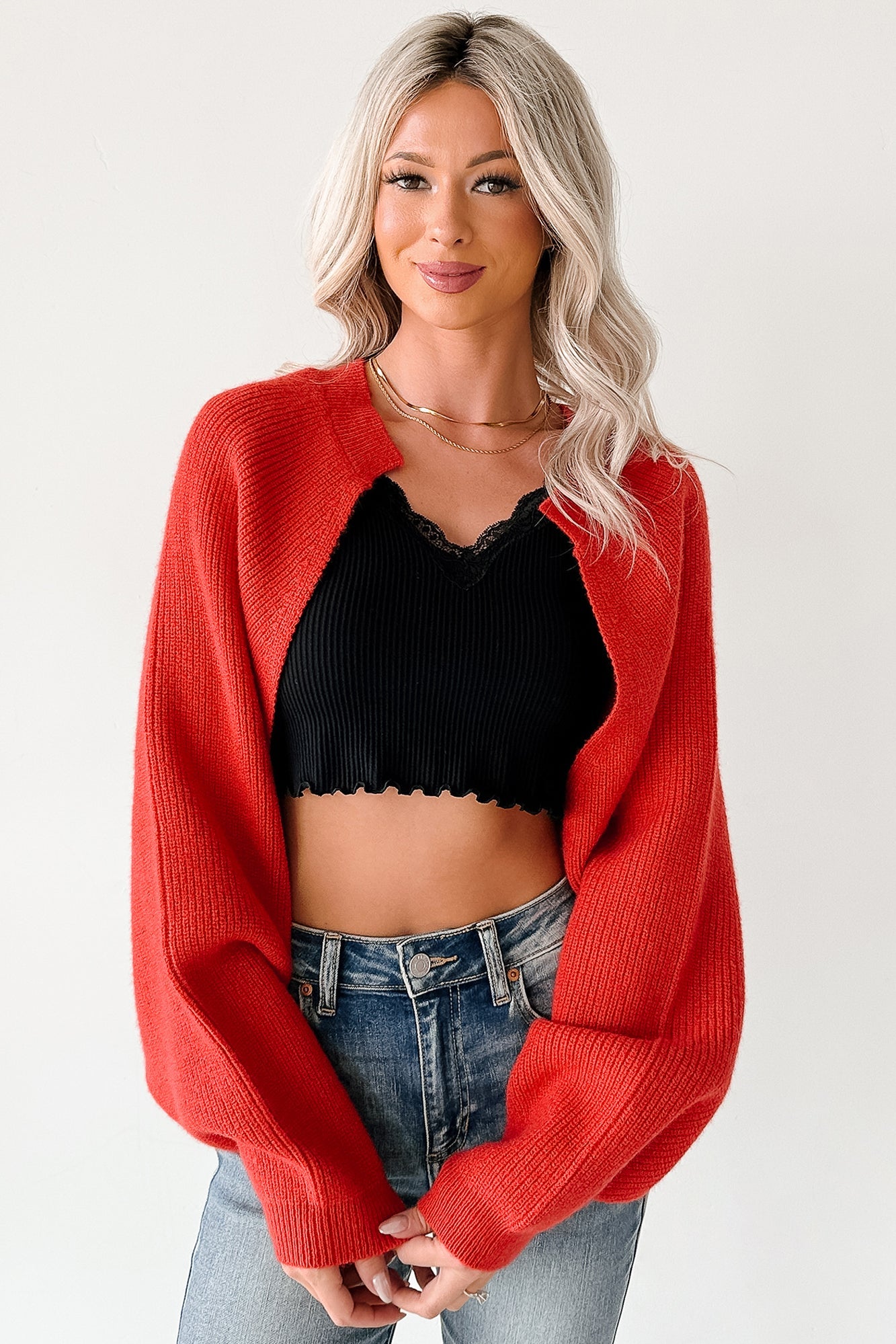 Moonlit Quiet Open Front Bolero Cardigan (Orange/Red)