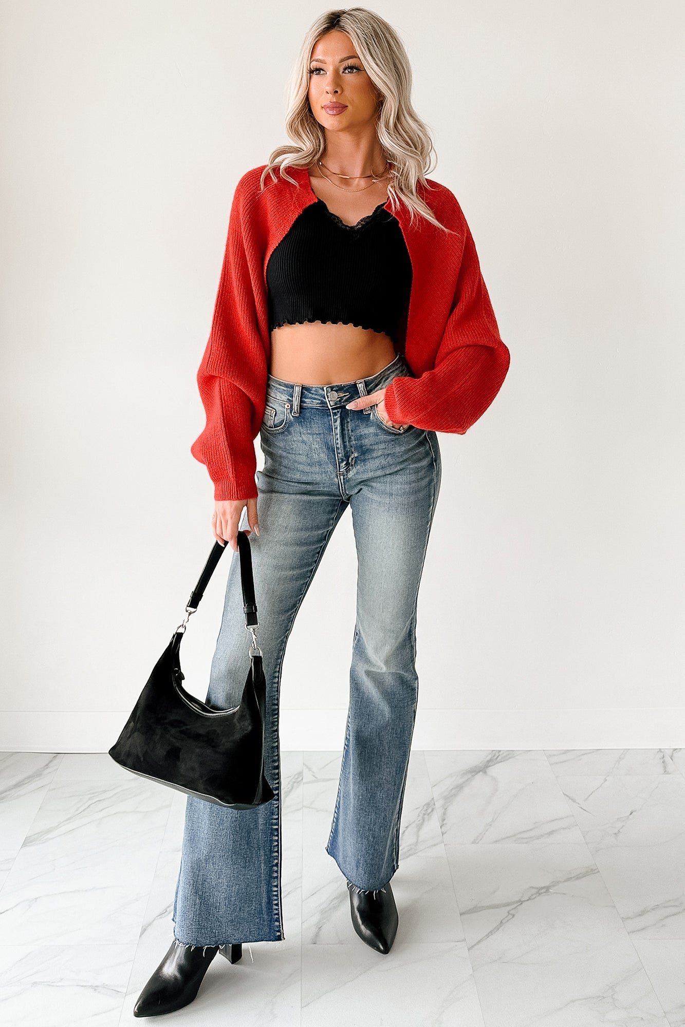 Moonlit Quiet Open Front Bolero Cardigan (Orange/Red)