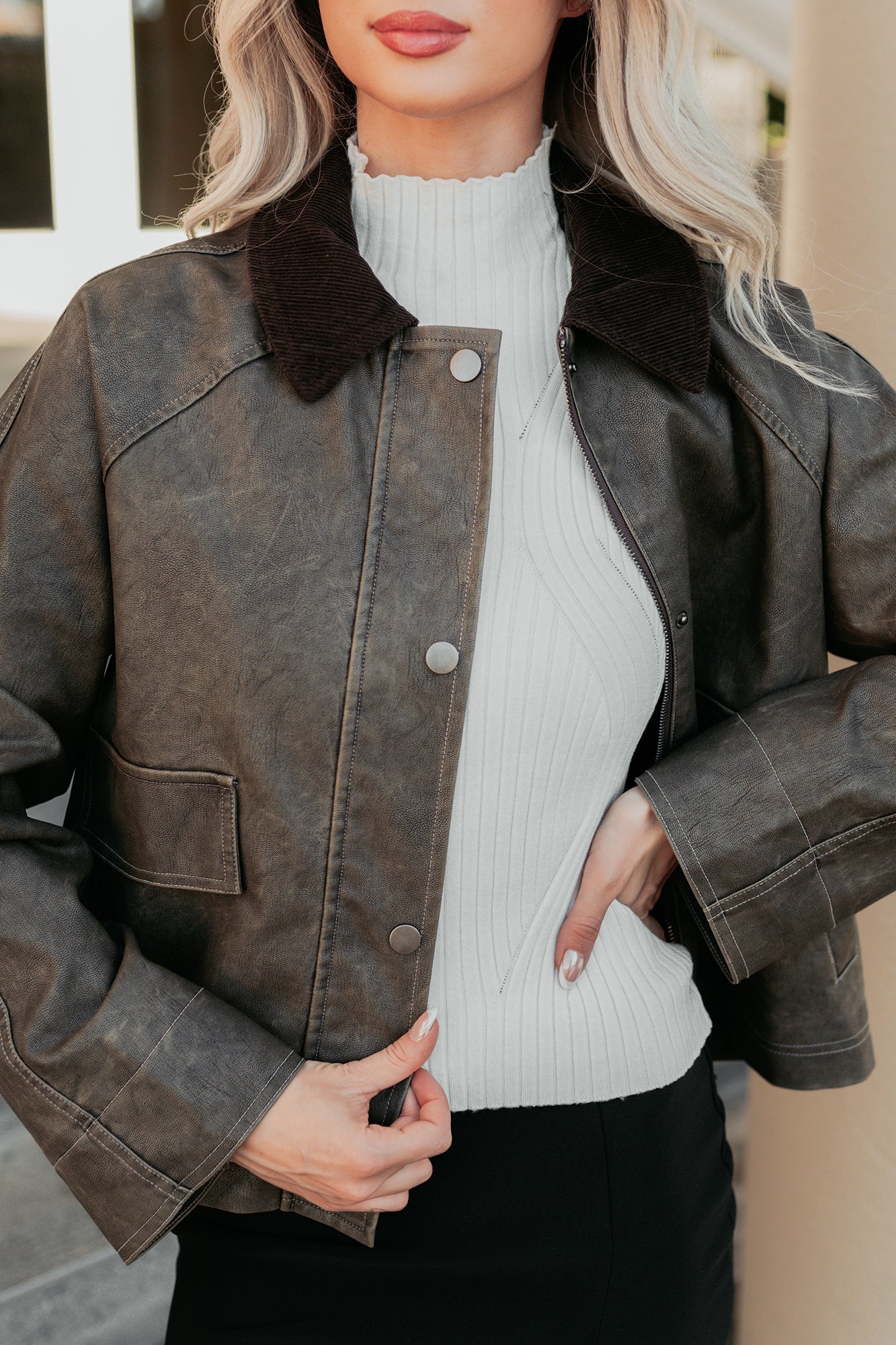 Calmly Chic Washed Faux Leather Jacket (Brown)
