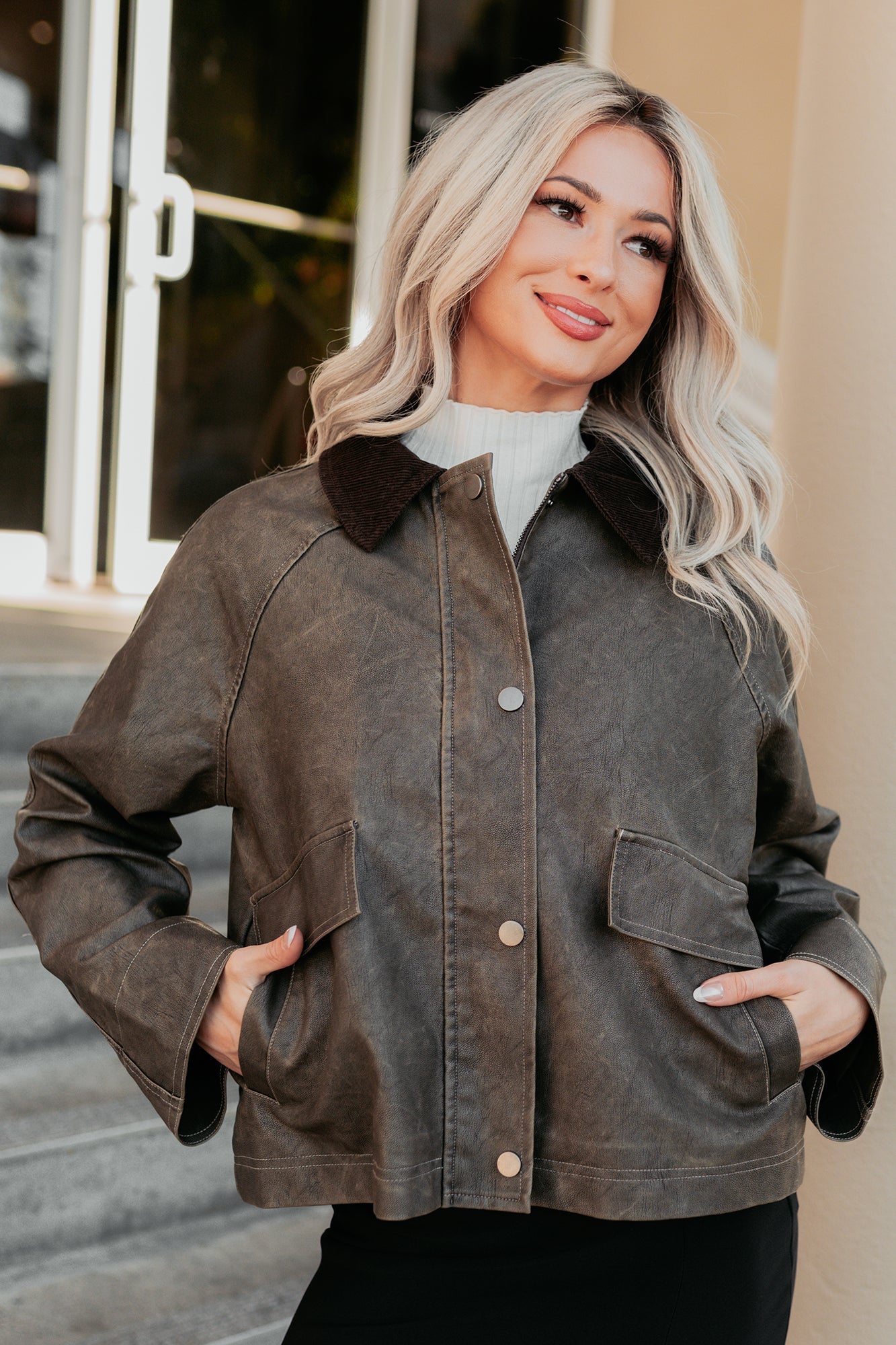 Calmly Chic Washed Faux Leather Jacket (Brown)