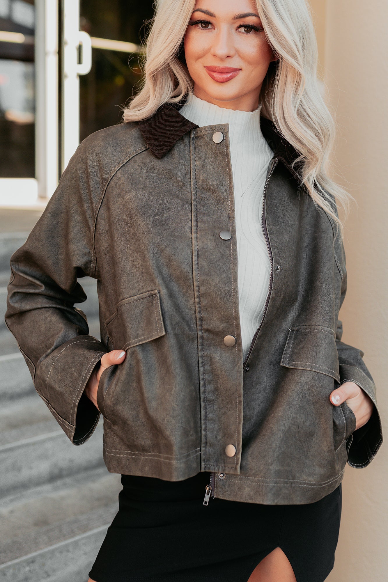 Calmly Chic Washed Faux Leather Jacket (Brown)