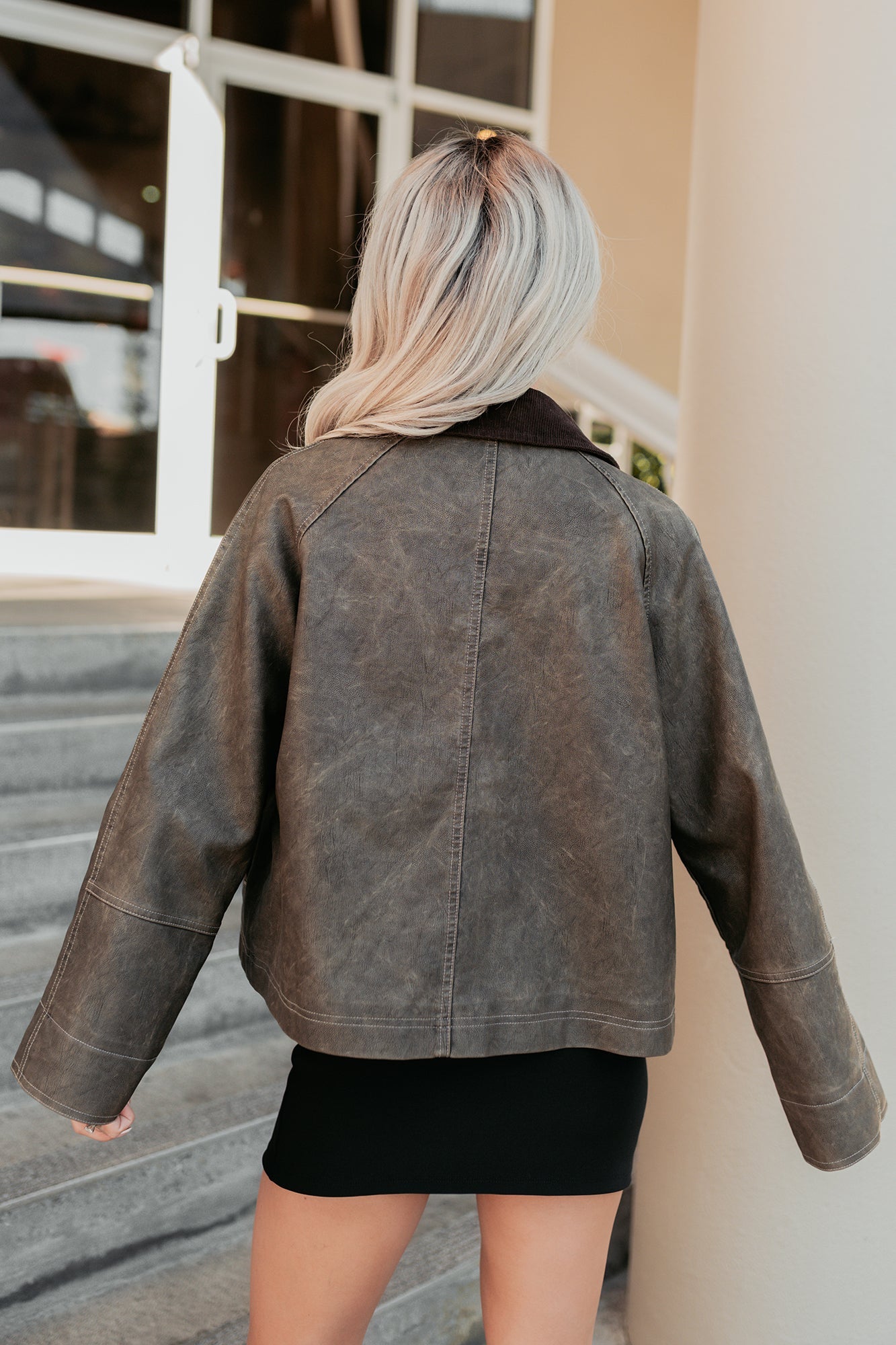 Calmly Chic Washed Faux Leather Jacket (Brown)