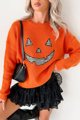 Jack-O-Lantern Embroidered Sweater (Burnt Orange)