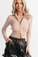 Preferred Taste Mock Neck Zip-Up Sweater (Khaki)