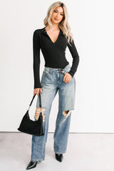 No Hesitation Ribbed Long Sleeve Bodysuit (Black)