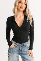 No Hesitation Ribbed Long Sleeve Bodysuit (Black)