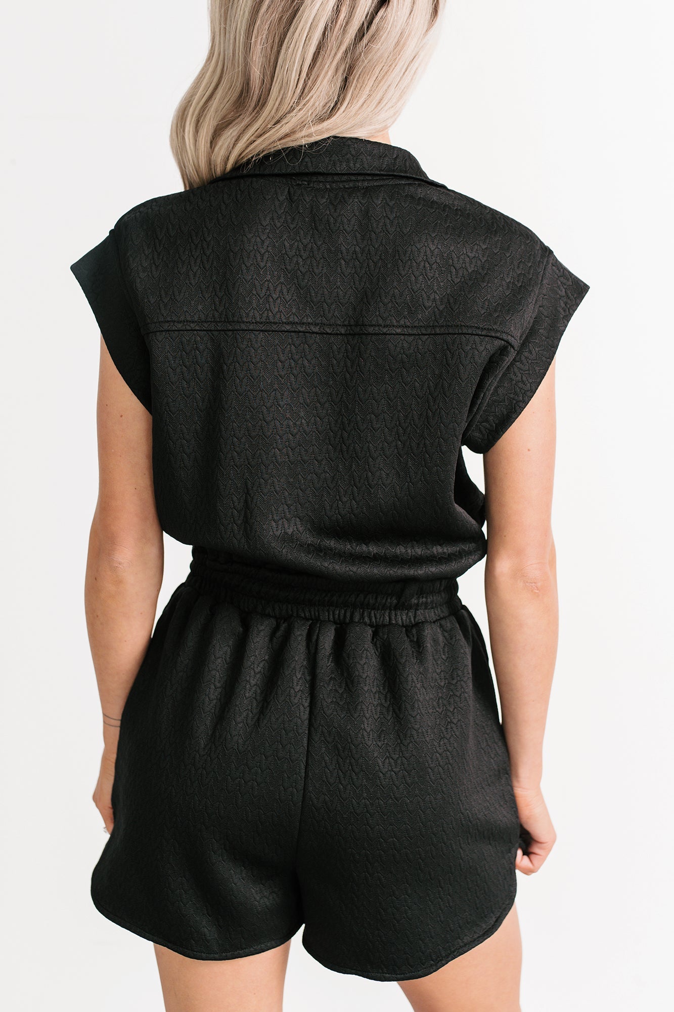 Stay Watching Textured Zip-Up Romper (Black)