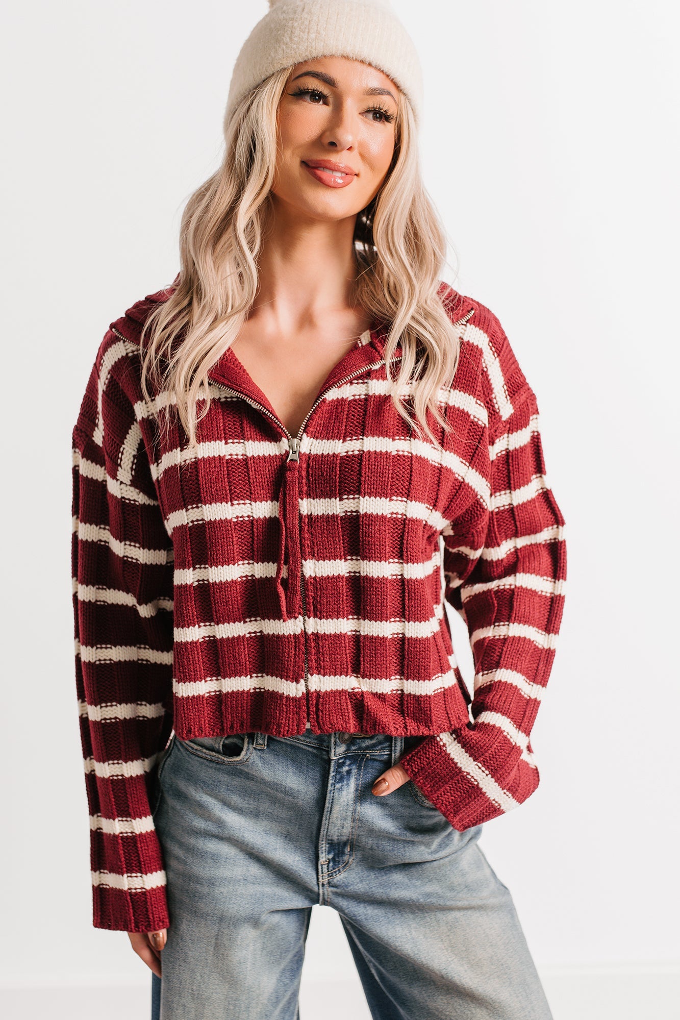 Calm Assurance Striped Zip-Up Sweater Jacket (Wine)