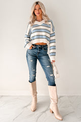 Keep It Soft Striped V Neck Sweater (White/Blue)