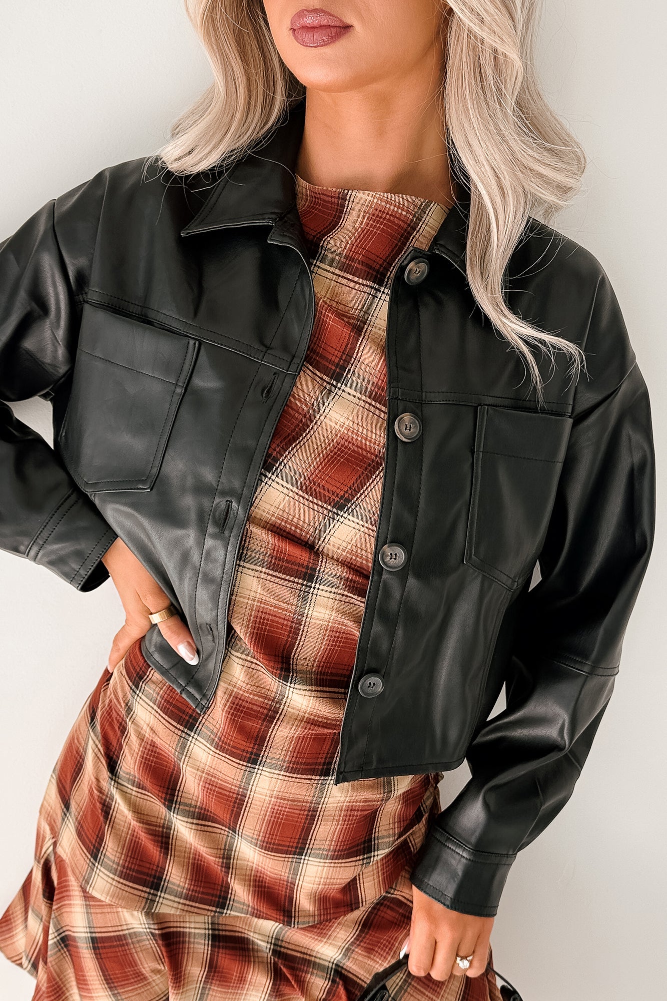 Minimal Motion Faux Leather Button-Up Jacket (Black)