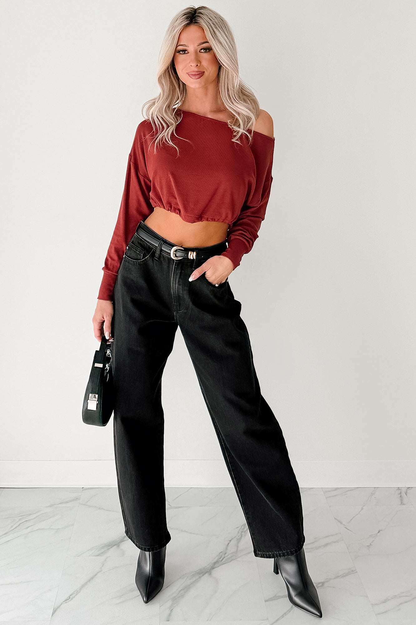 Glow Up Goals Ribbed Off The Shoulder Crop Top (Brick Red)