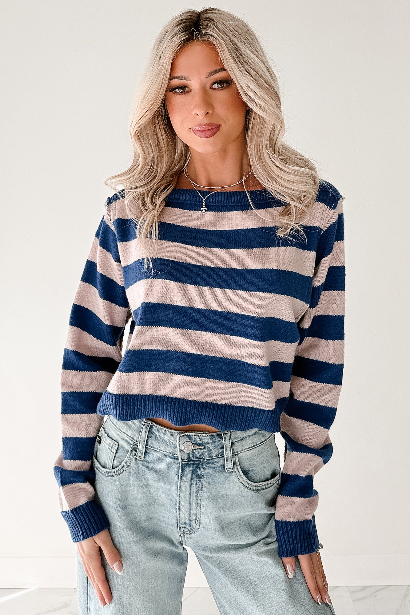 Wishing Well Stripe Boat Neck Sweater (Cobalt/Dusty Pink)