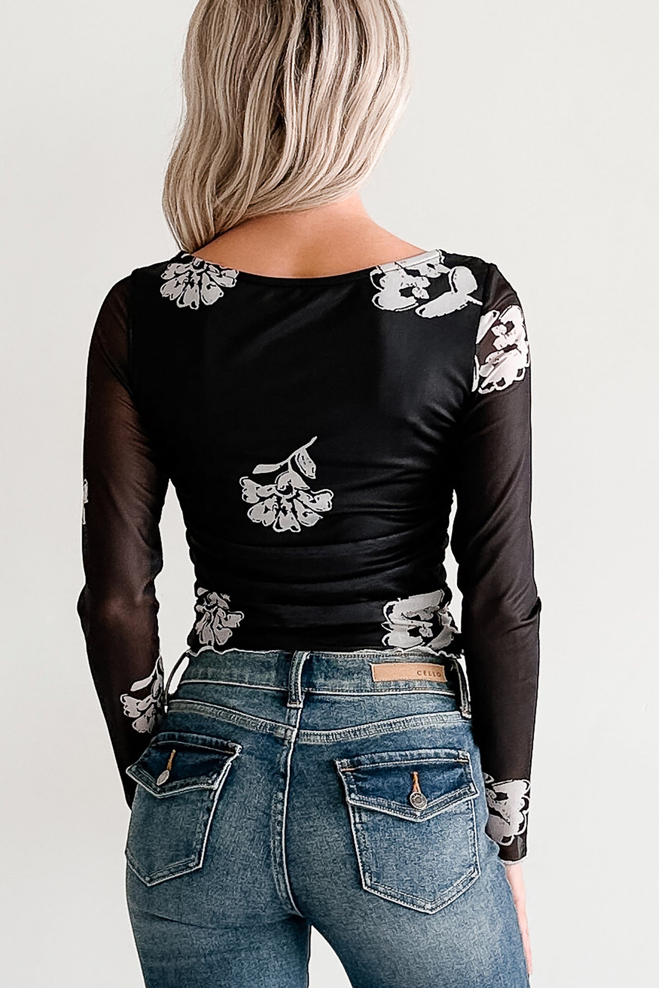 Call Me Up Floral Print Long Sleeve Mesh Top (Black)