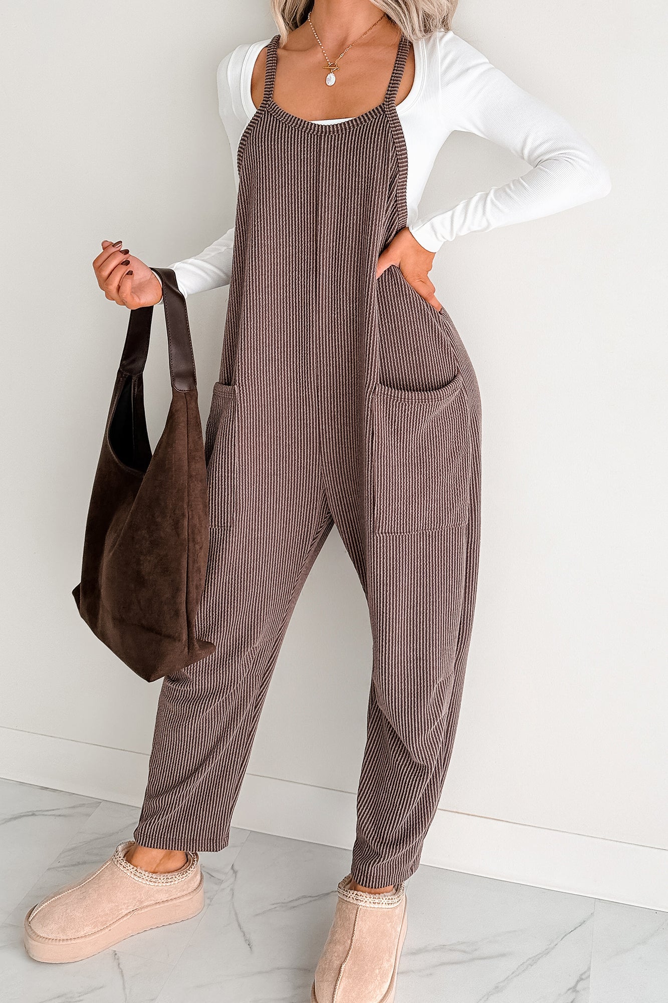 Sweet Crush Ribbed Sleeveless Jumpsuit (Brown)