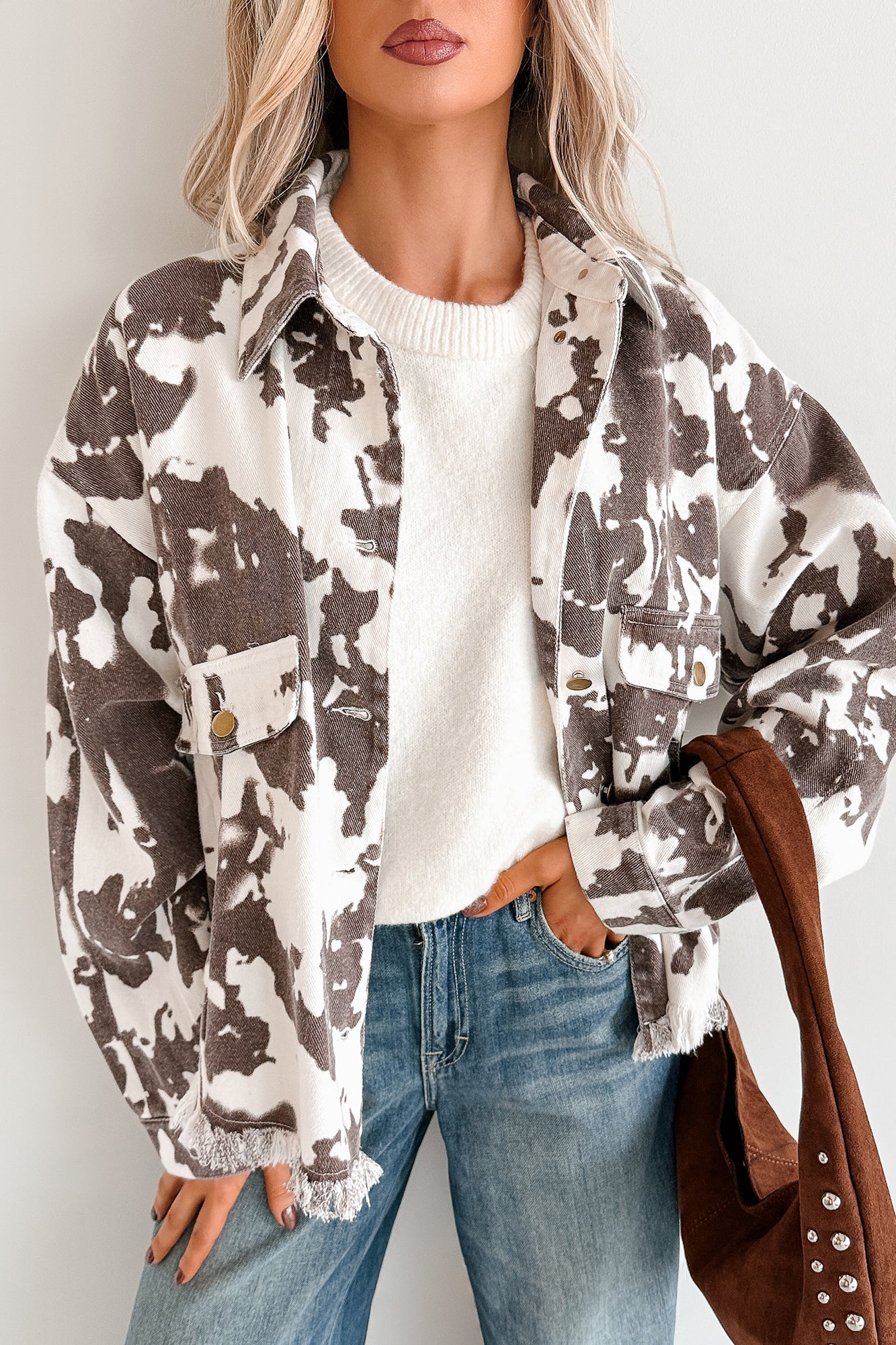 Cowgirl Spirit Oversized Raw Hem Shacket (Taupe Cow)