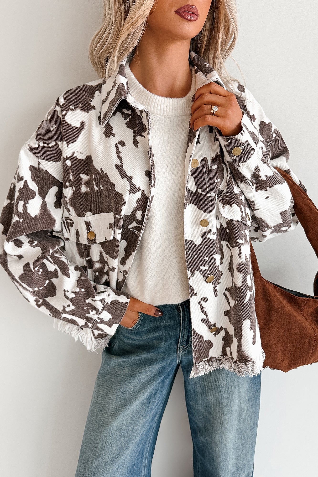 Cowgirl Spirit Oversized Raw Hem Shacket (Taupe Cow)