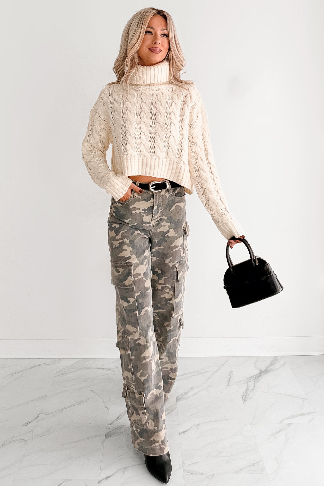 Snug As Ever Cable Knit Cropped Sweater (Cream)