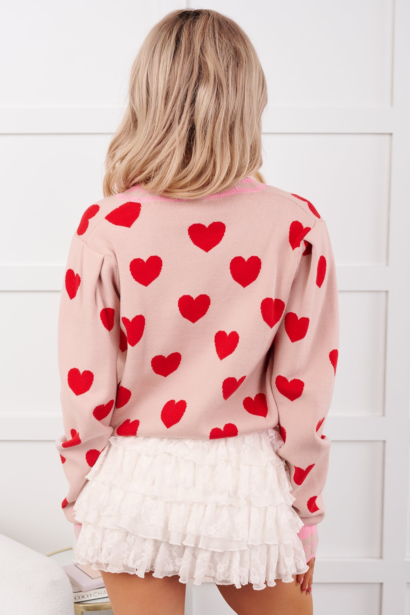 Lover's Lane Heart Pattern Scallop Edge Cardigan (Blush/Red)