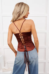 Keep Posted Sleeveless Satin Corset Top (Chocolate)