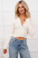 Half Serious Long Sleeve Ribbed Knit Polo Top (Ivory)