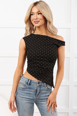 Girlish Glee One Shoulder Polka-Dot Top (Black/Ivory)