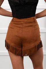 Cider & Stars Faux Suede Fringe Detail Shorts (Camel)