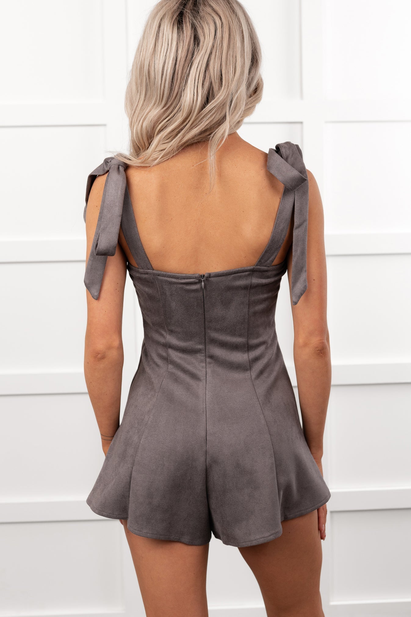 Life Manifest Sleeveless Faux Suede Romper (Charcoal)
