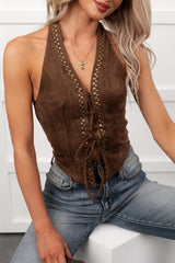 Dust & Daisies Front Tie Suede Halter Top (Brown)
