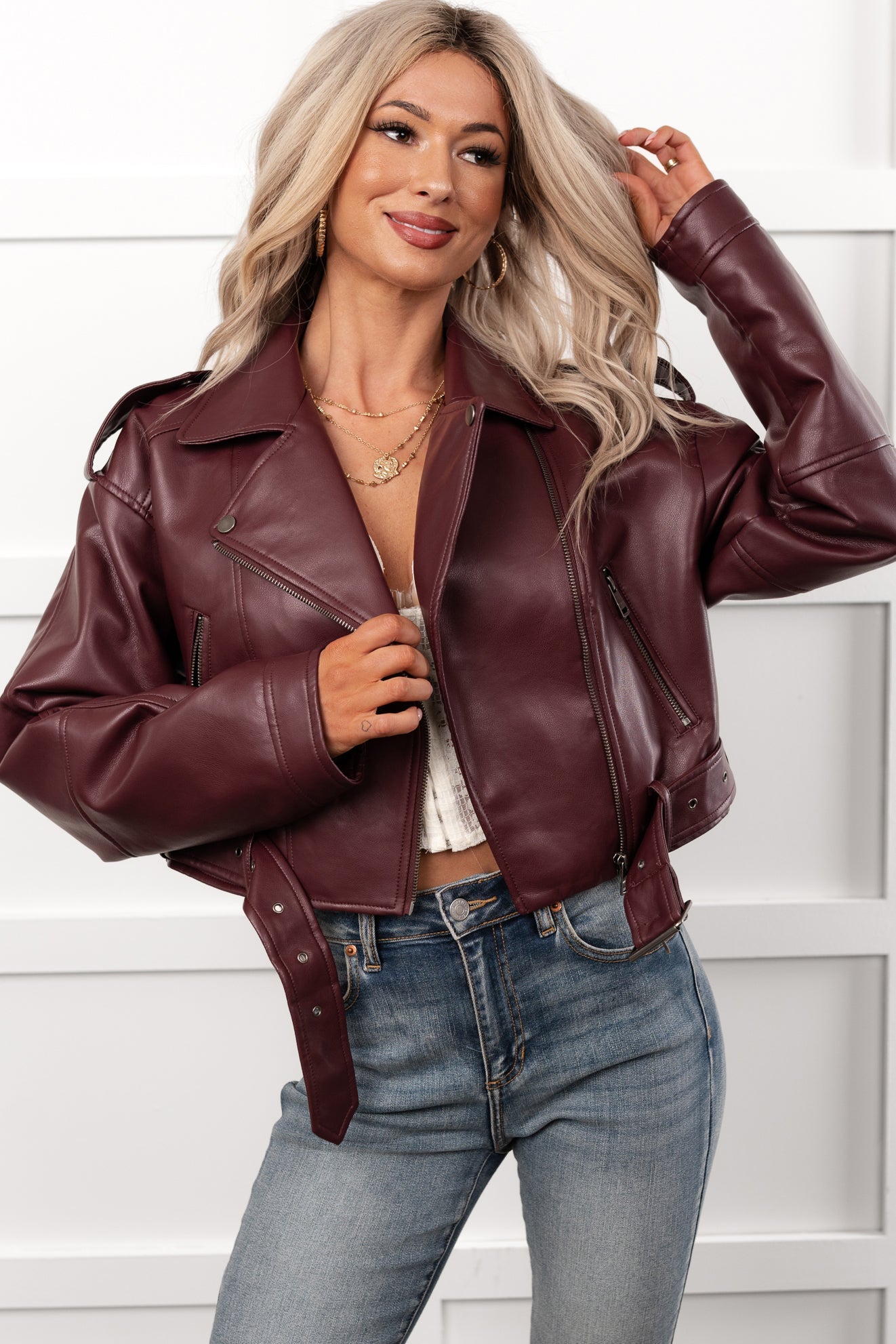 Rule Maker Faux Leather Cropped Jacket (Wine)