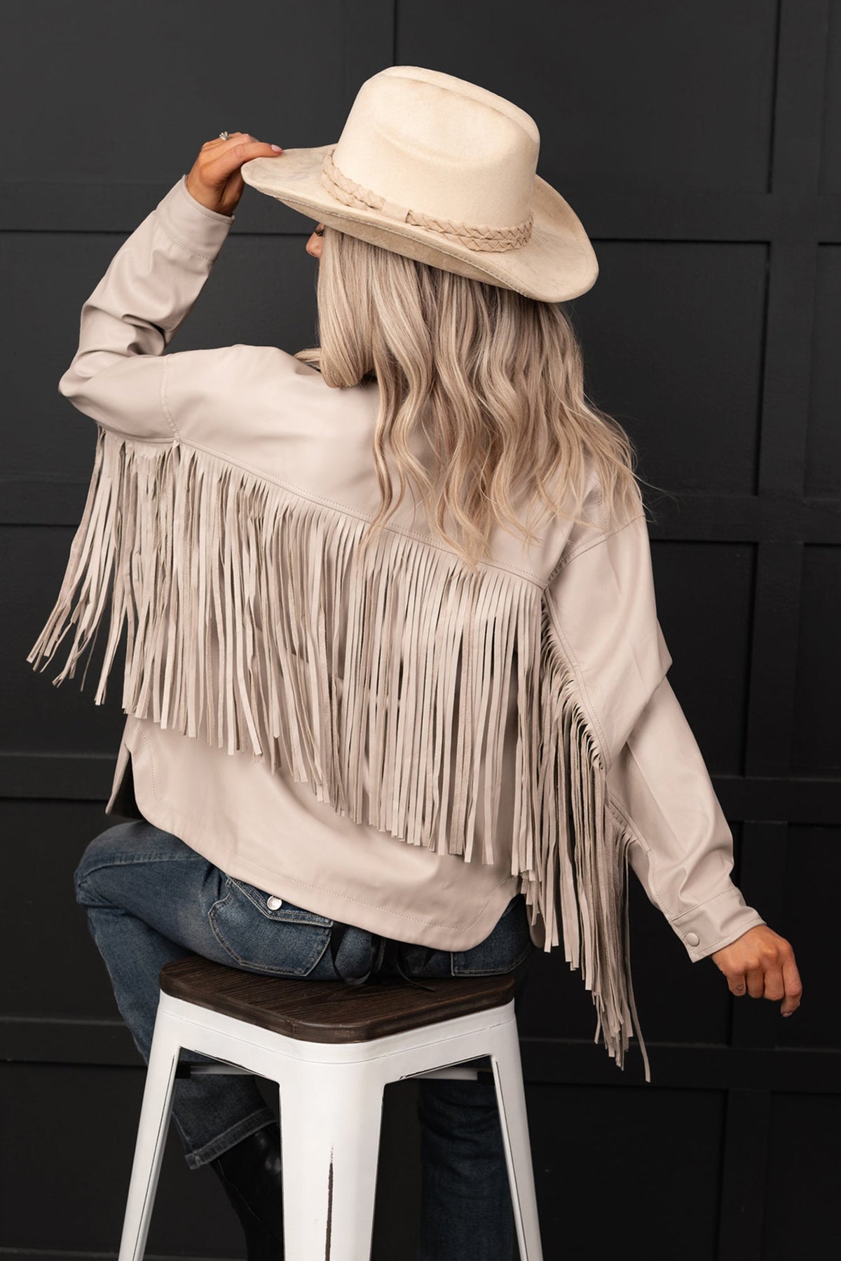 Wild West Whimsy Fringe Faux Leather Jacket (Cream)
