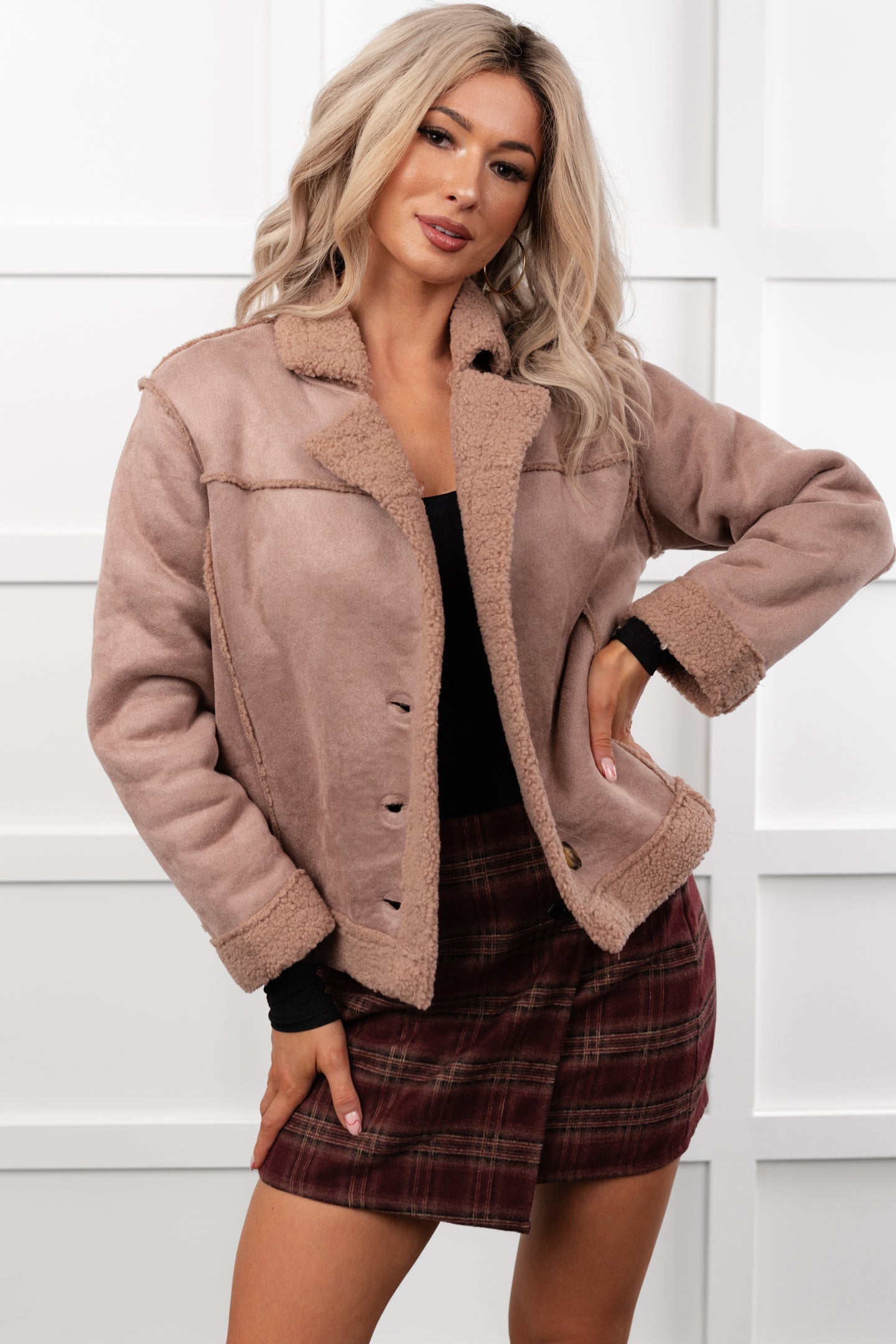 Keep Me Close Faux Suede Sherpa Lined Jacket (Dark Mauve)