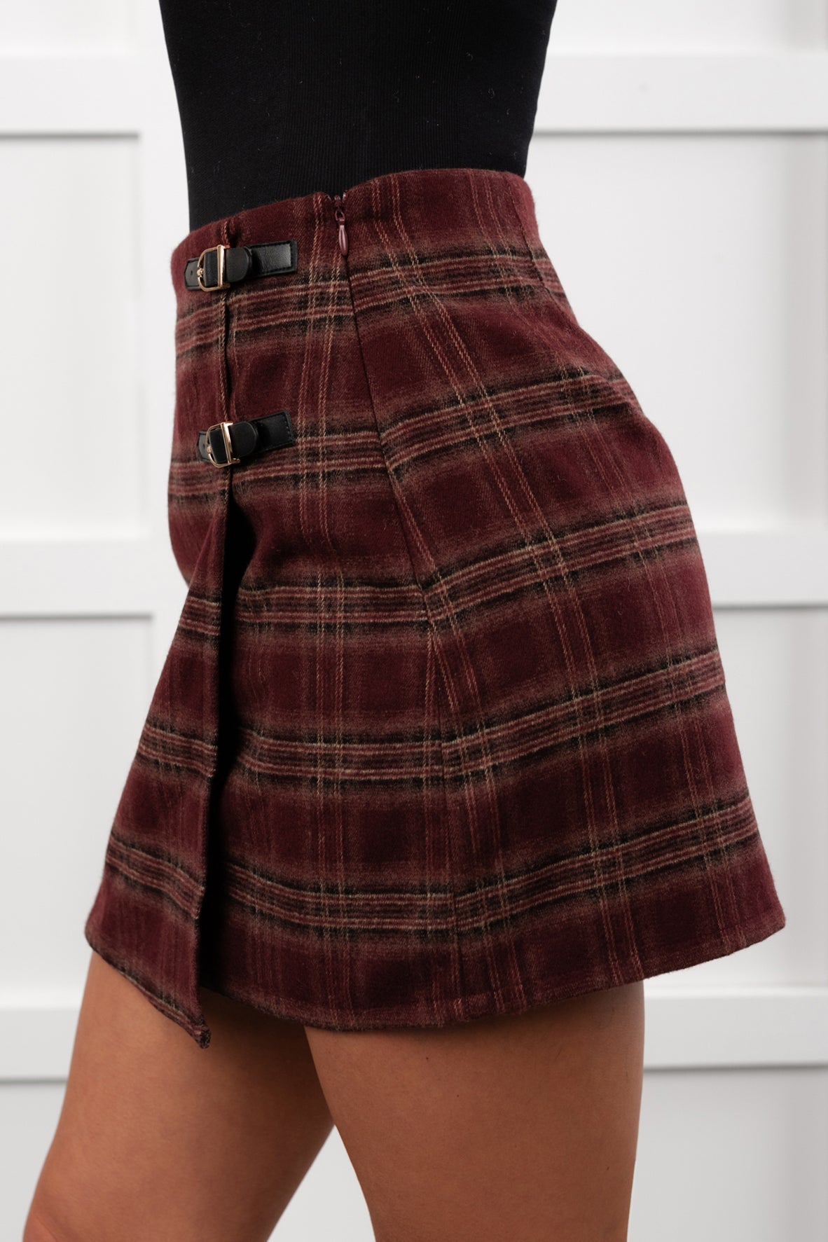 Holiday Darling Plaid Wrap Mini Skirt (Burgundy)