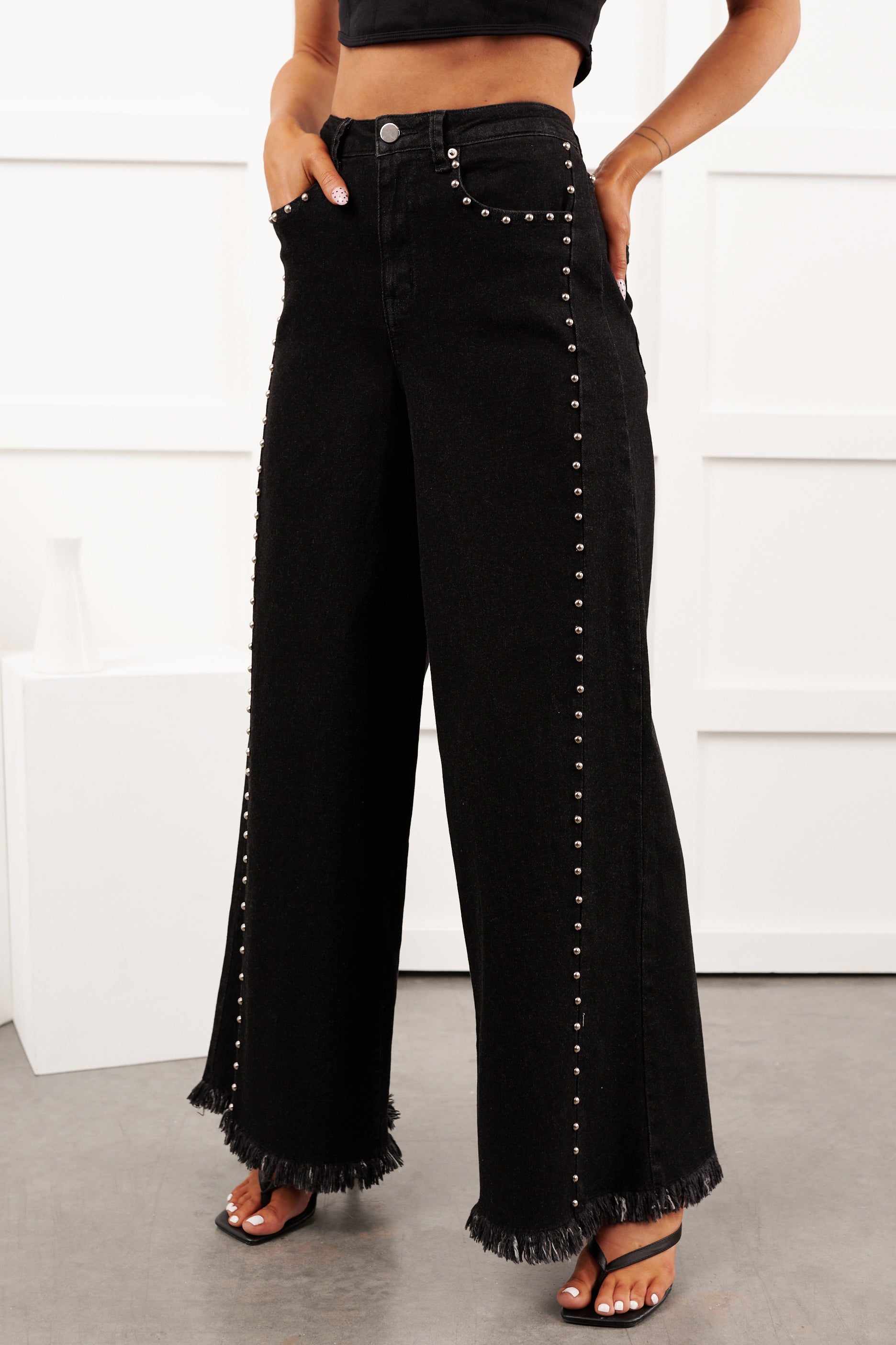 Galvan Wide Leg Studded Camellia Jeans (Black Wash)